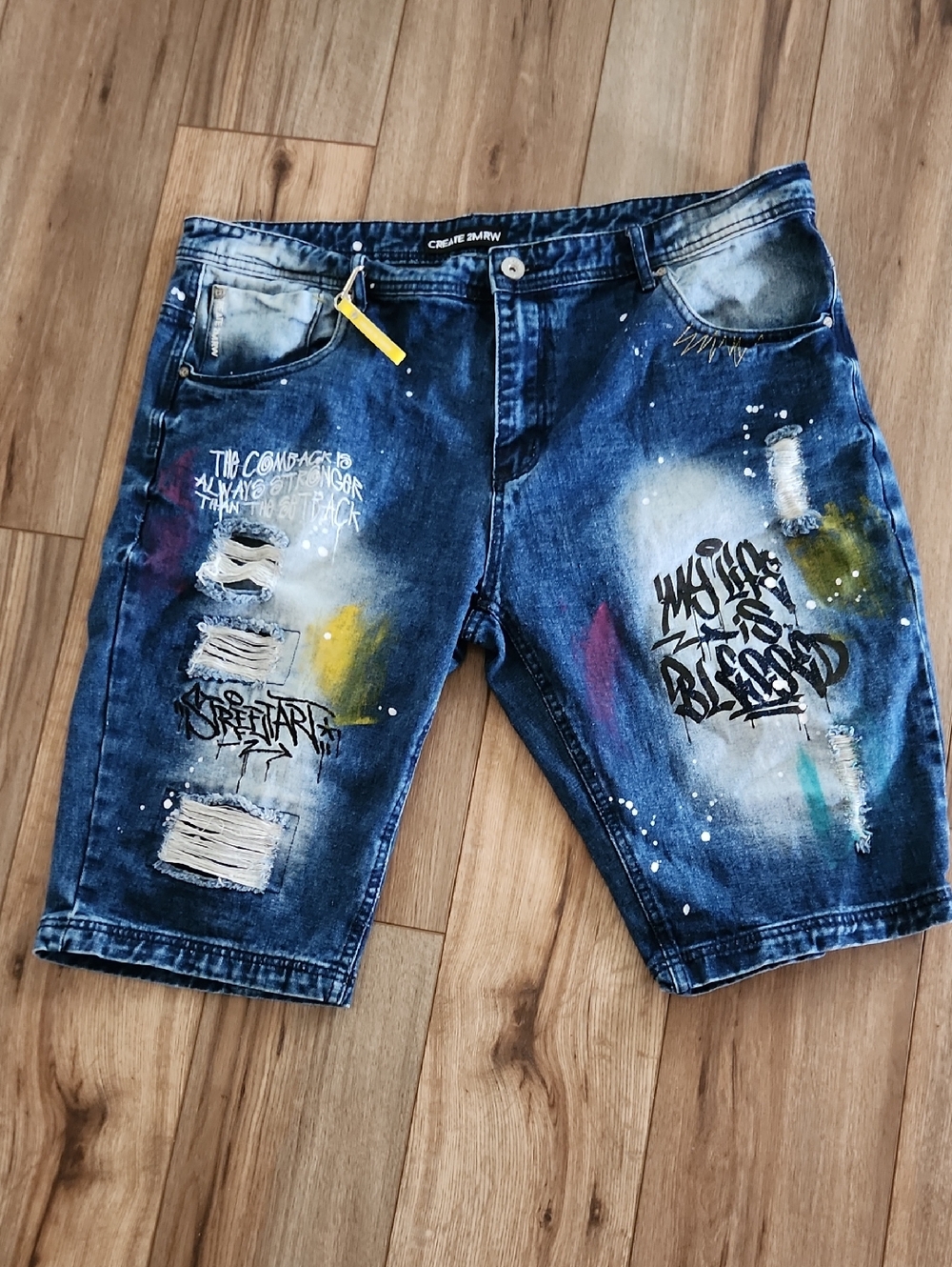 Create 2MRW Tomorrow Paint-Splatter Jean Shorts Distressed Men's 40 Streetwear